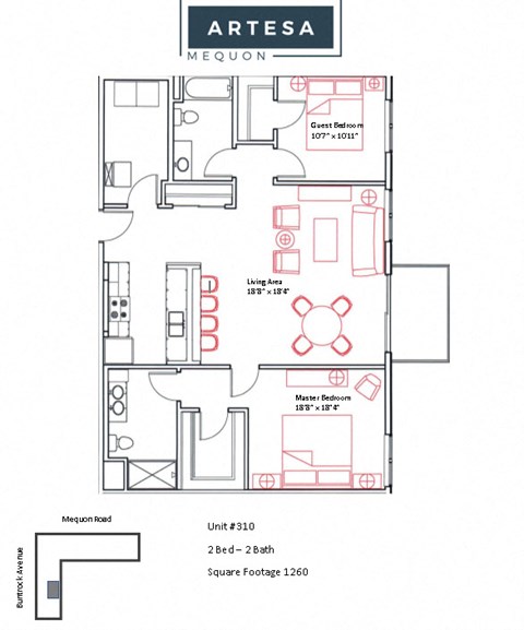 Floor plan for 2 beds, 2 baths, 1277 sqft